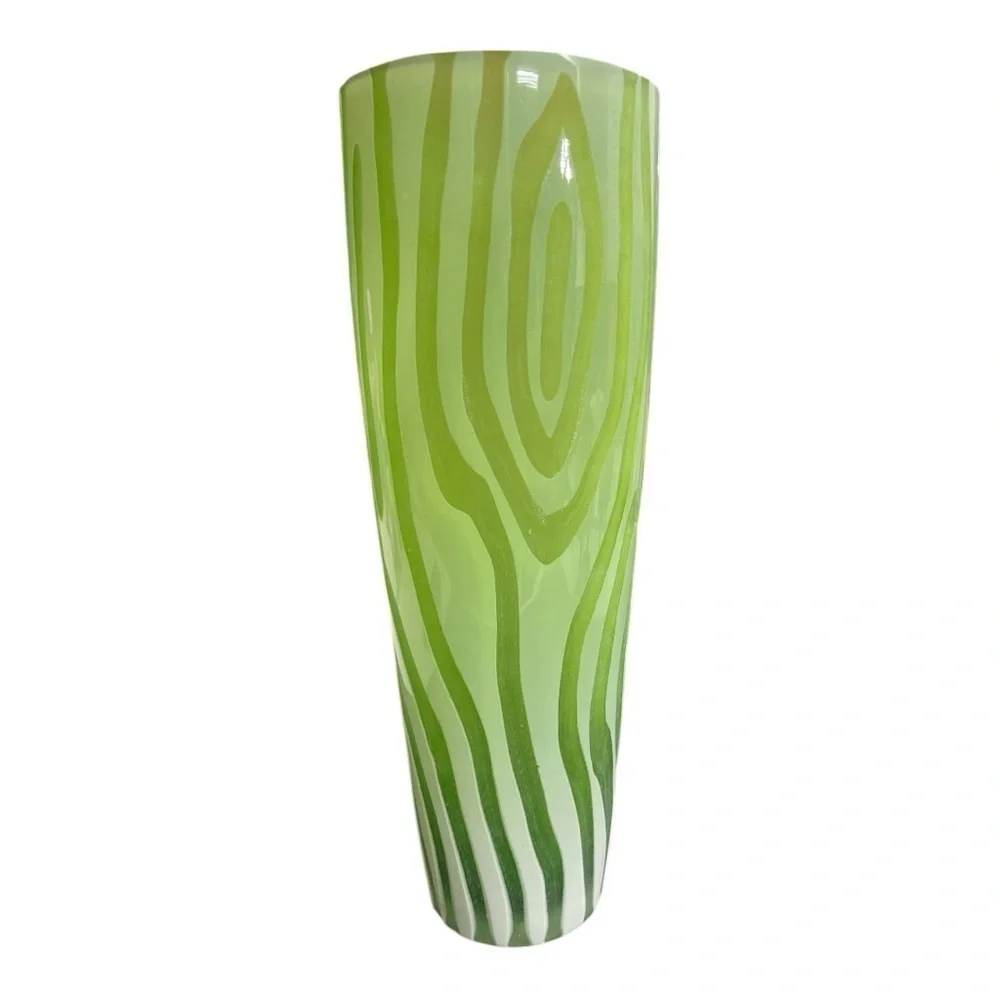 Vintage 1960s Green White Zebra Stripe Cased Art Glass Vase 12